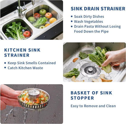 Upgraded 3 in 1 Kitchen Sink Drain Strainer, Stainless Steel, Larger Anti-Clogging Basket
