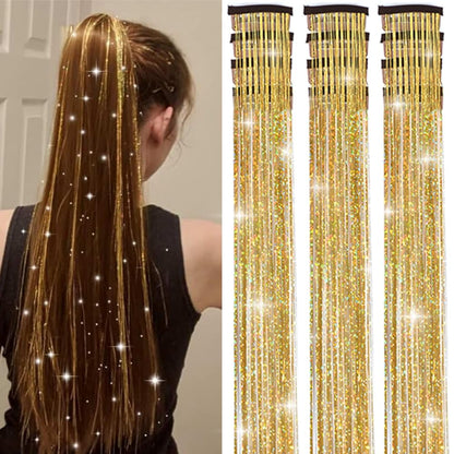 6 Pcs Clip-in Hair Tinsel, Gold Metallic Hair Accessories for Party & Daily Wear