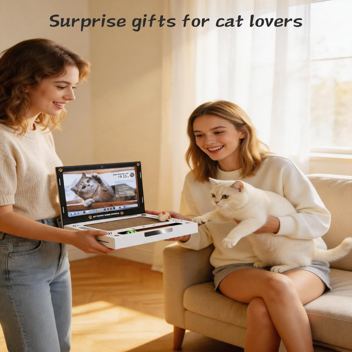 Laptop-Shaped Corrugated Cardboard Cat Scratcher With Ball Track Toy