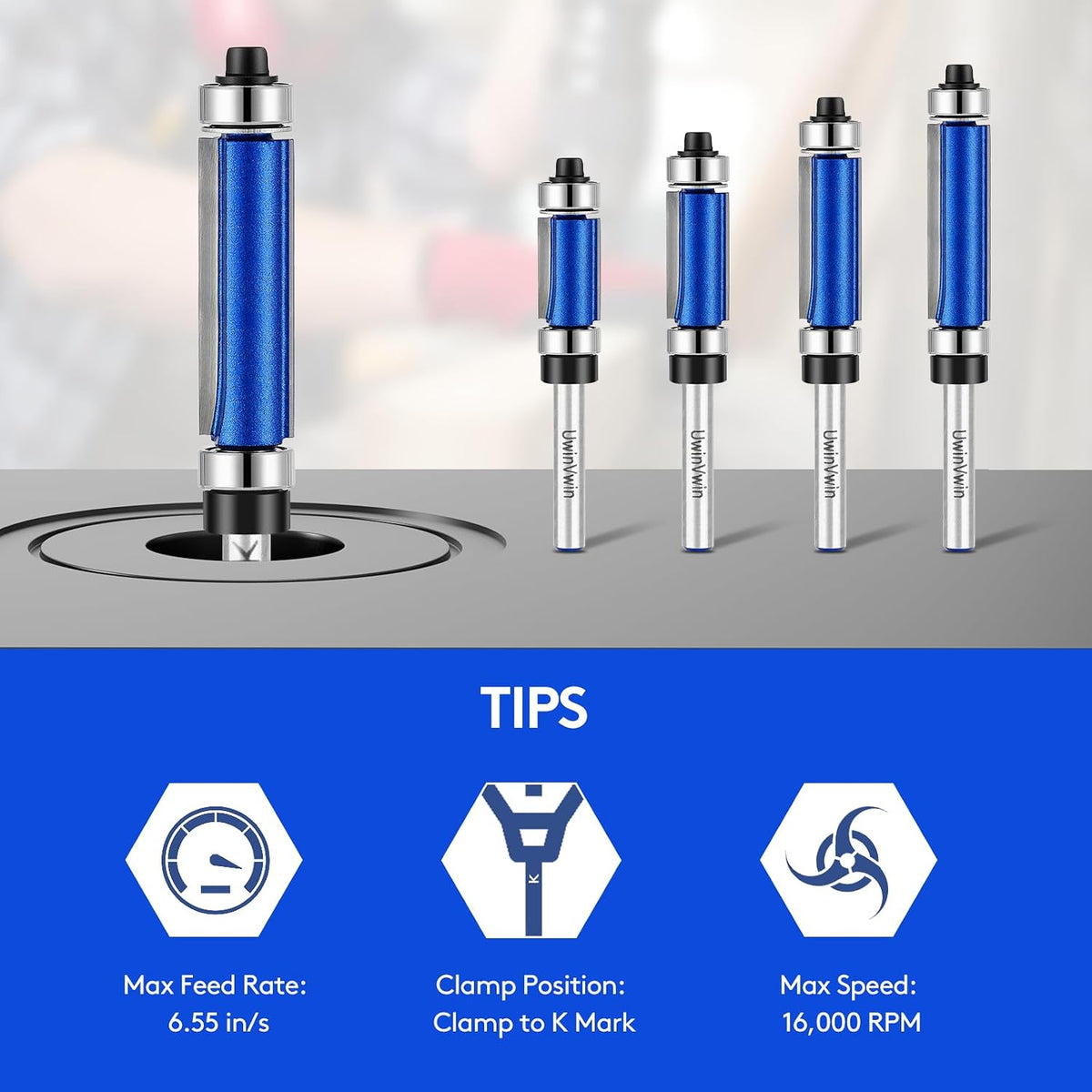 4 Pcs Dual Bearing Flush Trim Router Bit Set, 1/4 Inch Shank