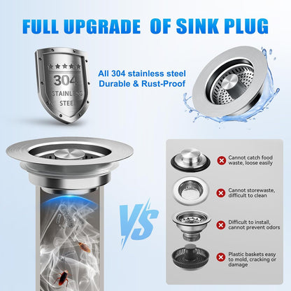 Upgraded 3 in 1 Kitchen Sink Drain Strainer, Stainless Steel, Larger Anti-Clogging Basket