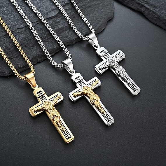 Catholic Jesus Cross Pendant Necklace With Herringbone Chain