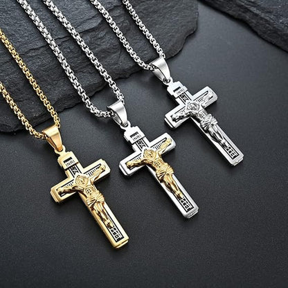 Catholic Jesus Cross Pendant Necklace With Herringbone Chain