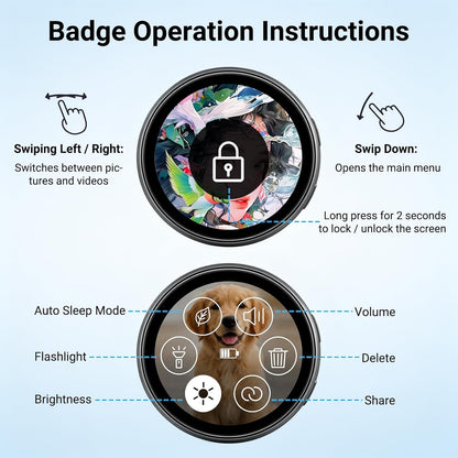Digital Badge Pin Display with 1.8'' IPS Touch Screen – Custom Photo Slideshow & GIF Display via Bluetooth