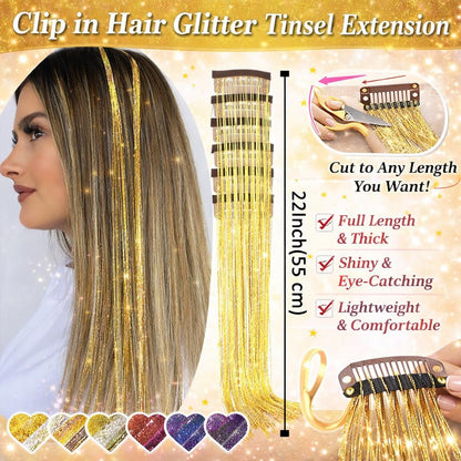 6 Pcs Clip-in Hair Tinsel, Gold Metallic Hair Accessories for Party & Daily Wear