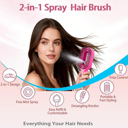 2-in-1 Hair Brush with Water Spray – Fine Mist Detangling Brush for Wet & Dry Hair
