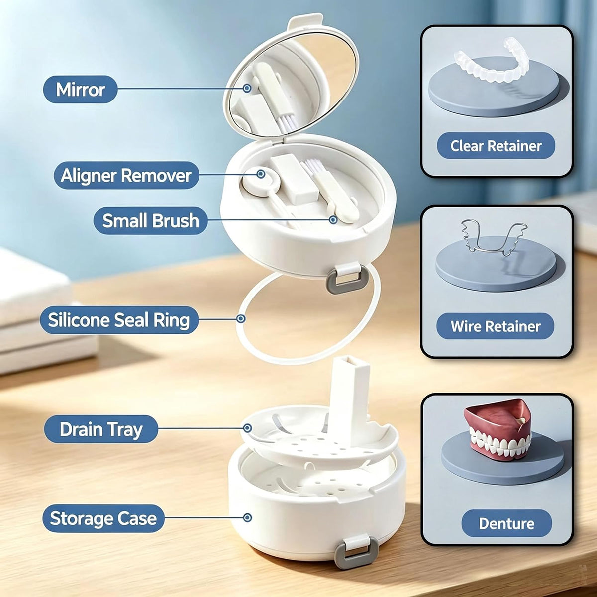 Retainer Cleaner Case Box,Storage Soak Container With Drain Tray