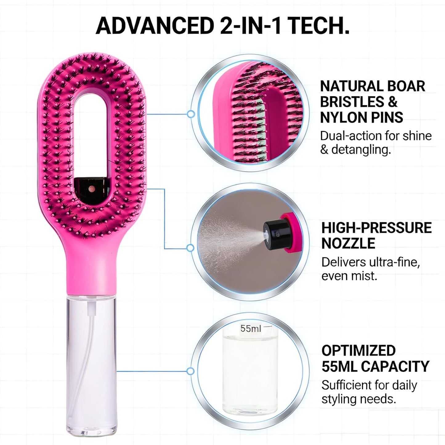 2-in-1 Hair Brush with Water Spray – Fine Mist Detangling Brush for Wet & Dry Hair