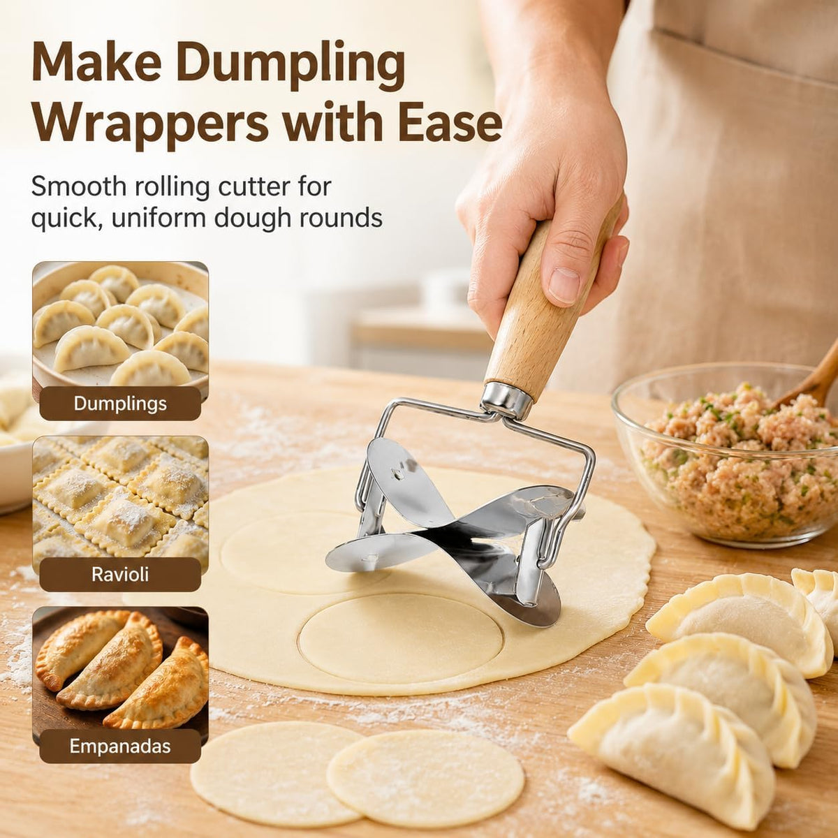Dumpling Wrapper Dough Cutter - Stainless Steel Cutter - Round Roller
