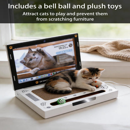 Laptop-Shaped Corrugated Cardboard Cat Scratcher With Ball Track Toy