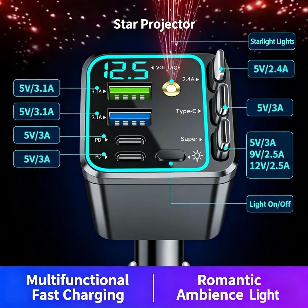 7 In 1 Retractable Car Charger,102W Star Lights Fast Charging Car Charger