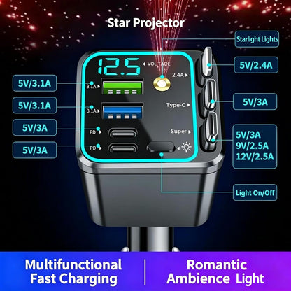 7 In 1 Retractable Car Charger,102W Star Lights Fast Charging Car Charger