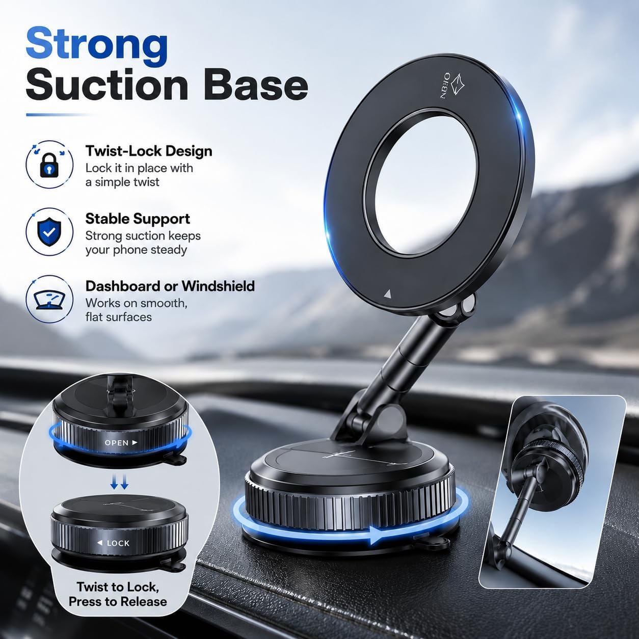 MagSafe Magnetic Car Phone Holder – 2-in-1 360° Rotating Suction Cup Mount for Dashboard & Windshield