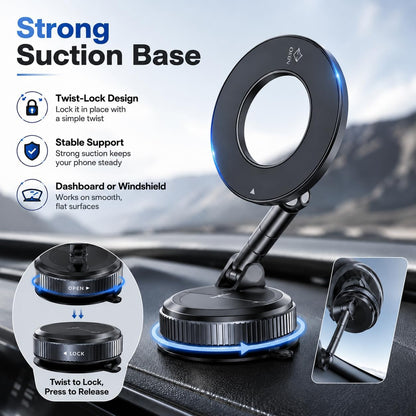 MagSafe Magnetic Car Phone Holder – 2-in-1 360° Rotating Suction Cup Mount for Dashboard & Windshield
