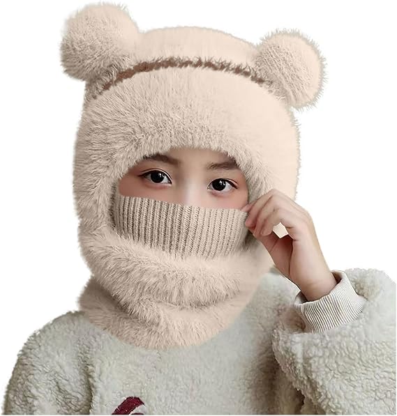 Kids Winter Bear Balaclava Hat, with Face Mask Thick Warm Hooded Cold Weather Hat
