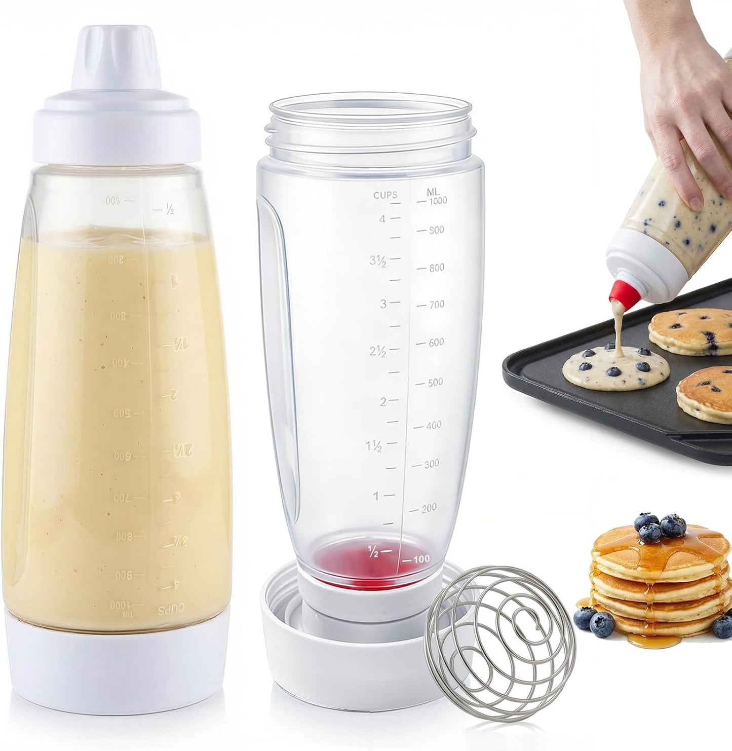 Pancake Batter Dispenser & Mixer Bottle with Whisk Ball