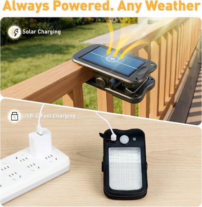 Clip On Solar Lights Outdoor, 60 LEDs  USB & Solar Motion Sensor Clamp On Light