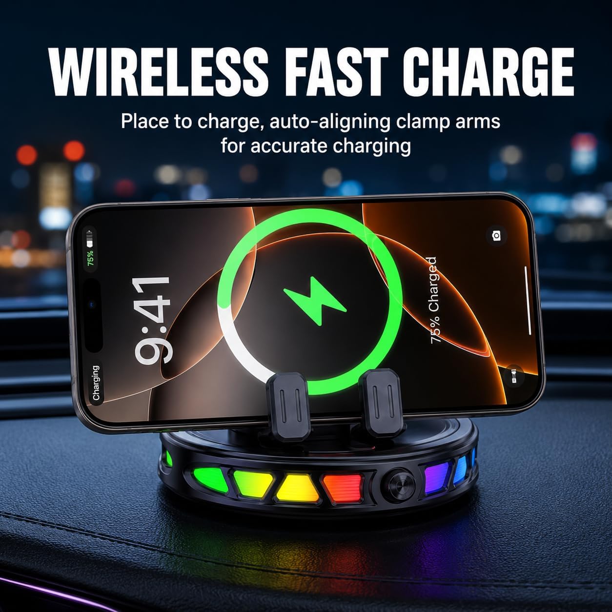 Electric Magnetic Wireless Charging Car Phone Mount with RGB Ambient Light