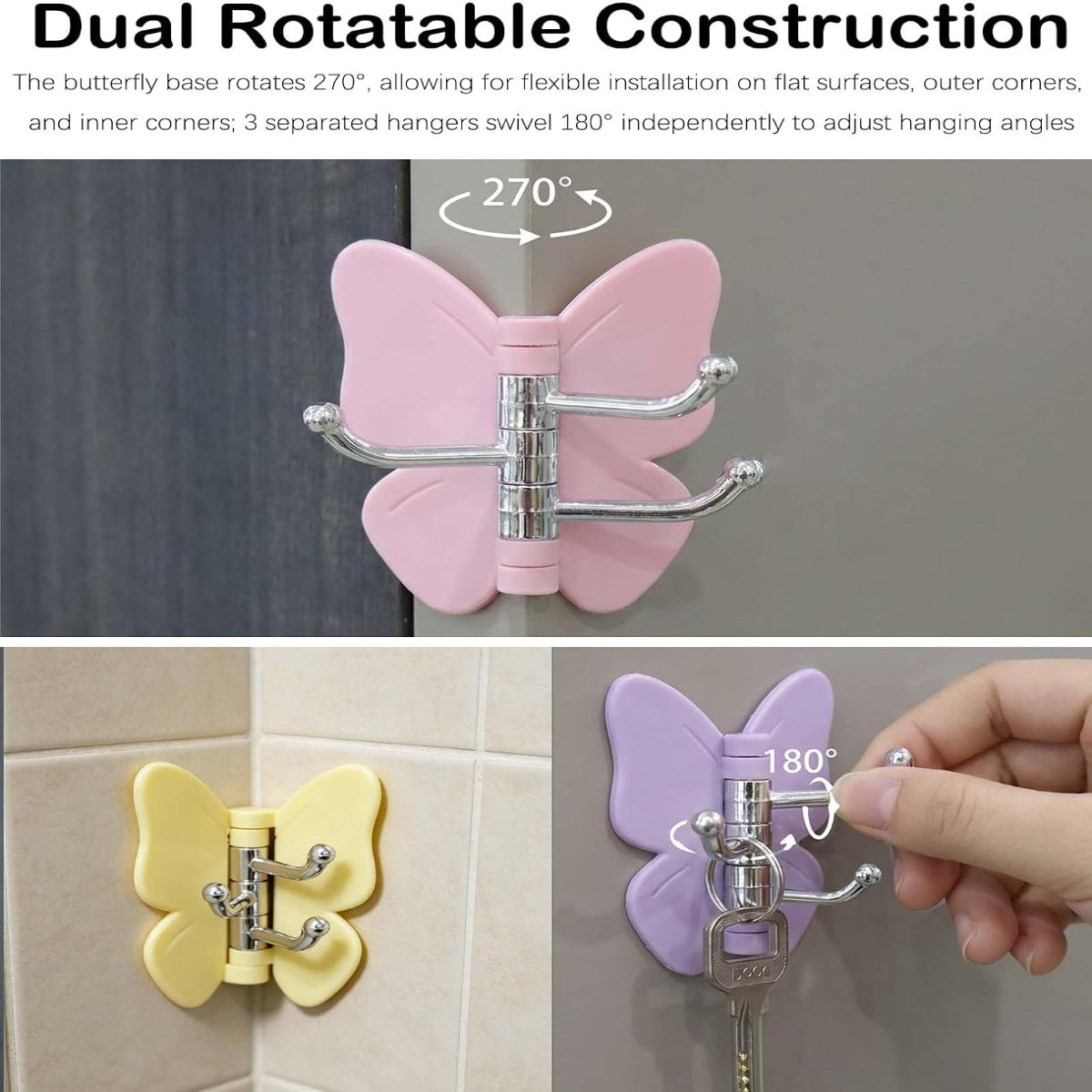 4 Pack Butterfly Triple Prong Swivel Hooks with Strong Adhesive