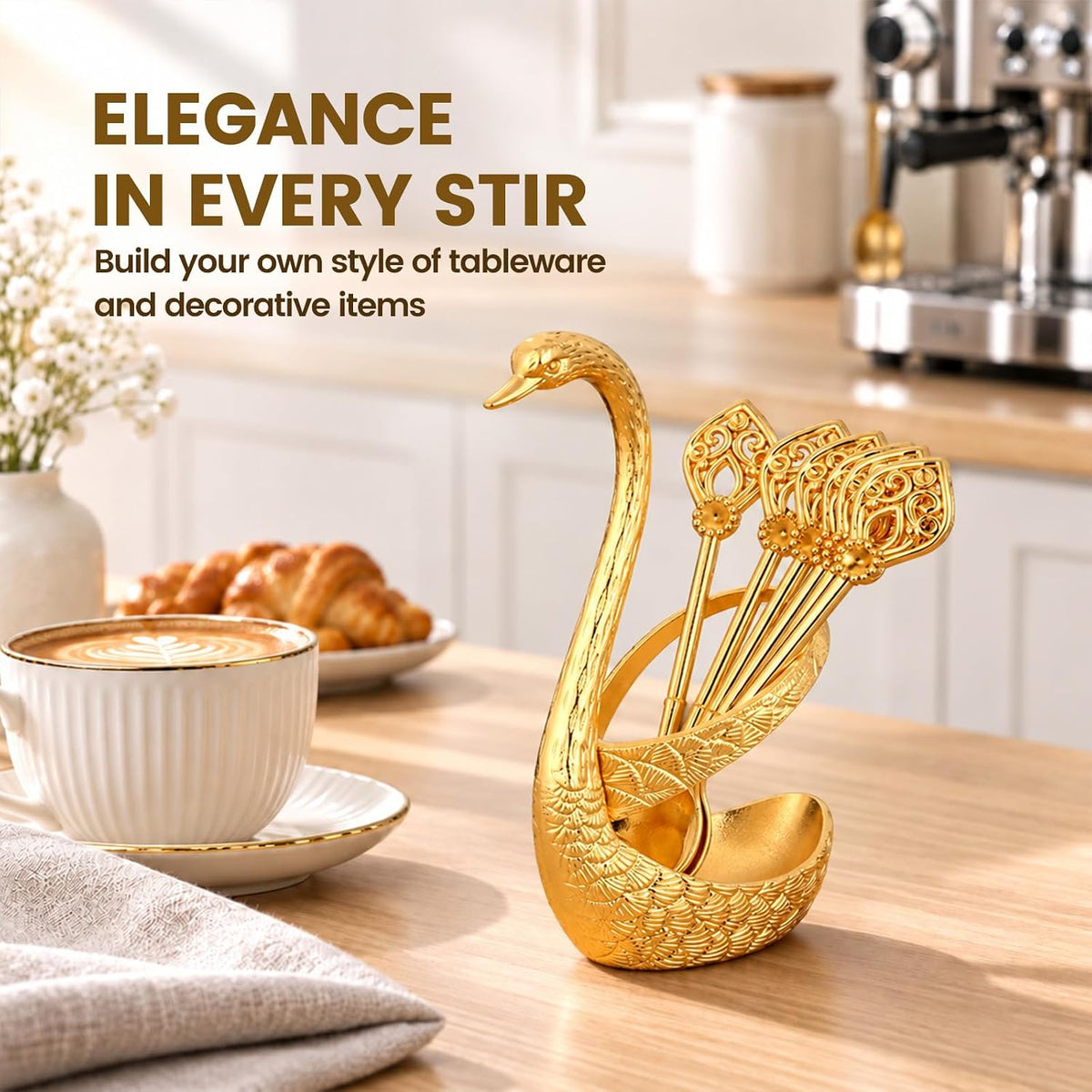 Swan Coffee Spoon Set - 6 Pack Spoons with Holder