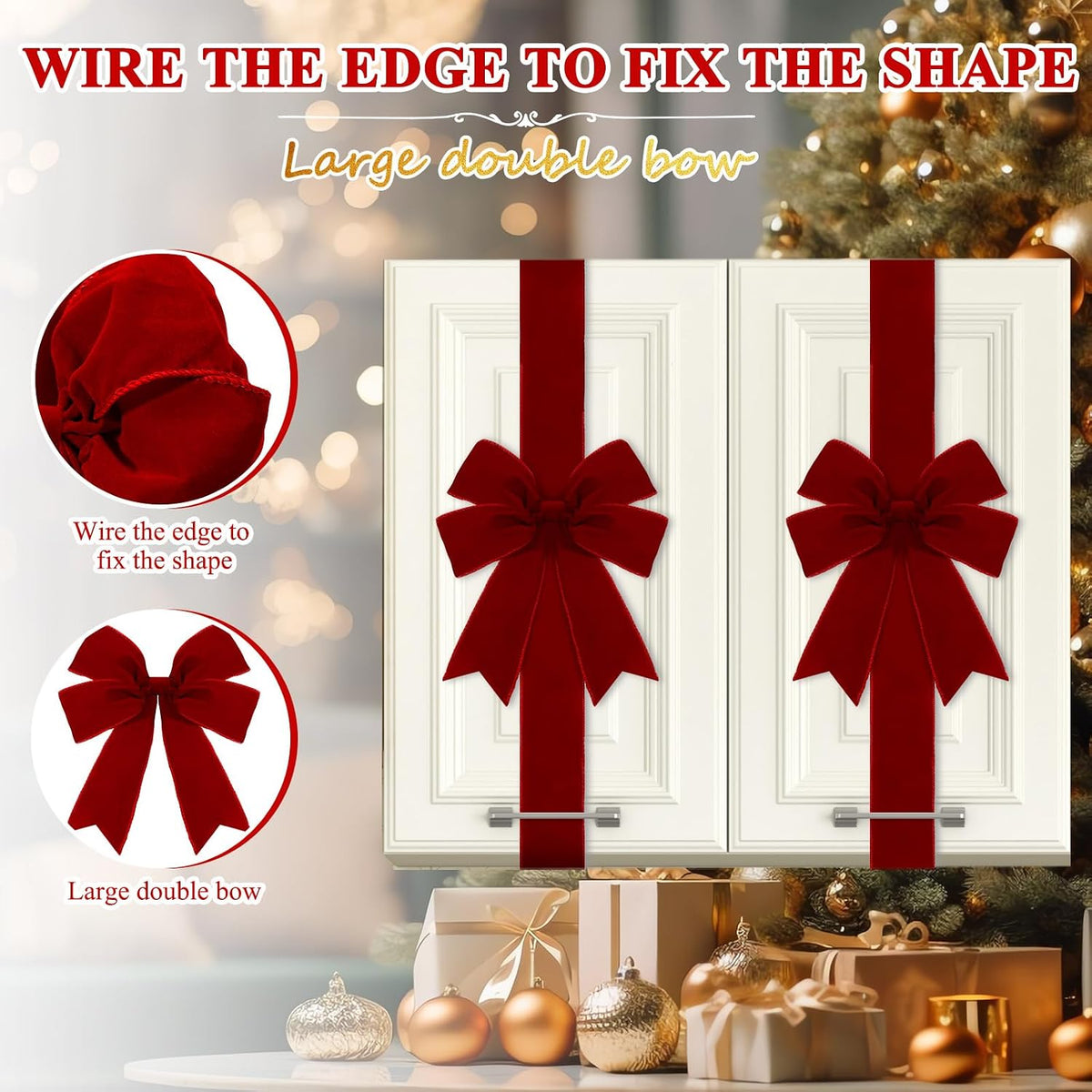 4 Pcs Burgundy Velvet Christmas Cabinet Bows Ribbons