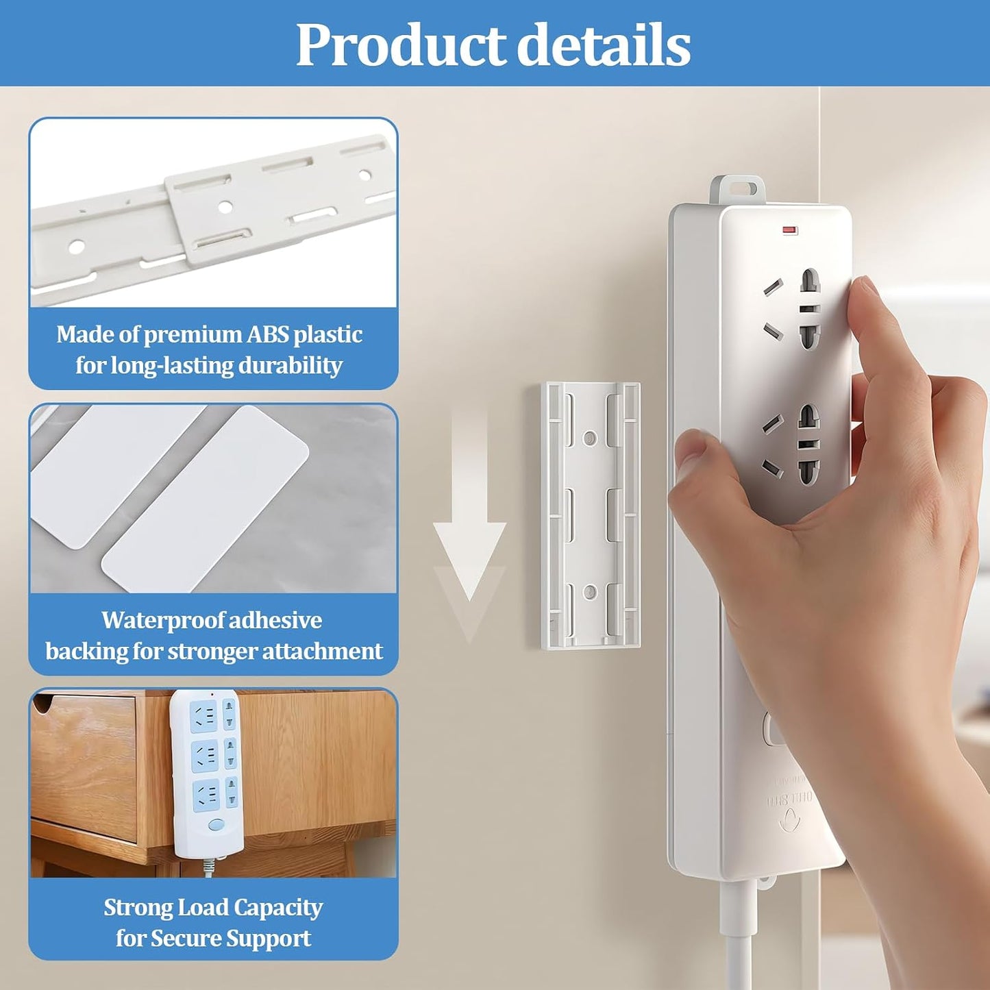 6 Pack Self Adhesive Power Strip Holder for Home, Office & Kitchen