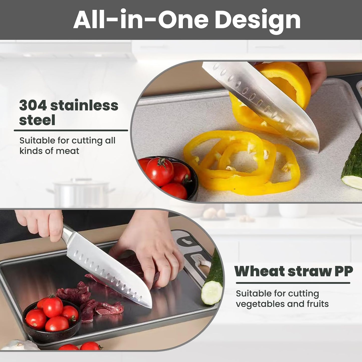 Stainless Steel Cutting Board with Juice Groove, Separate Sides