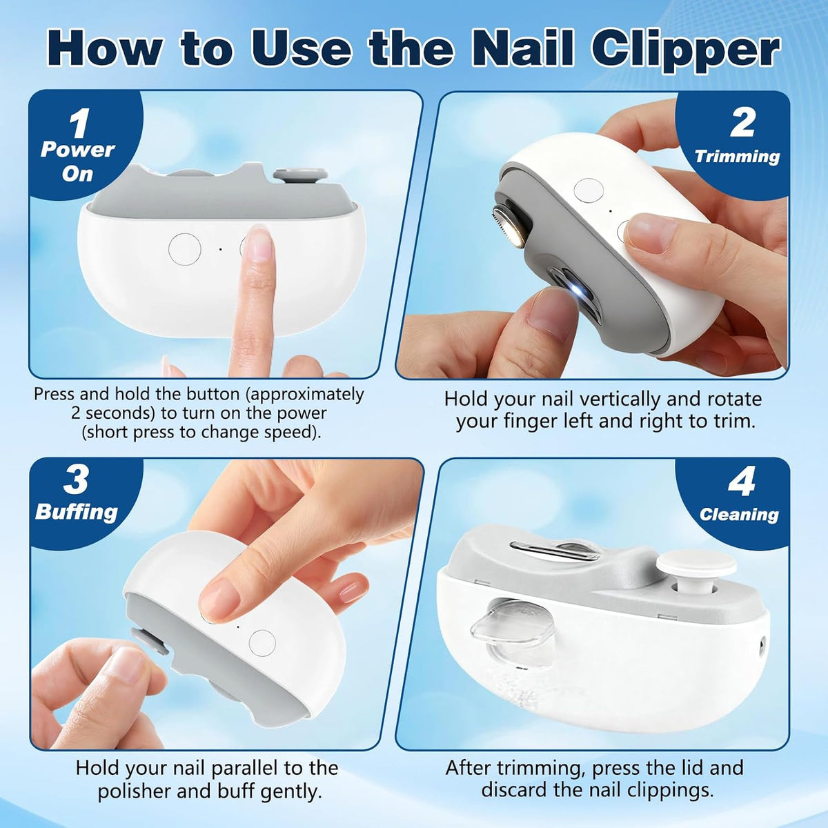 Automatic Trimmer & Polisher Nail Care Tool with LED Lights, Clipping Storage