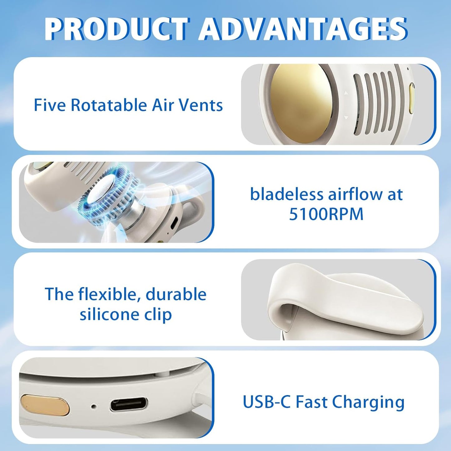 Clip-On Bladeless Fan with 3 Speeds for Outdoor, Office, Travel