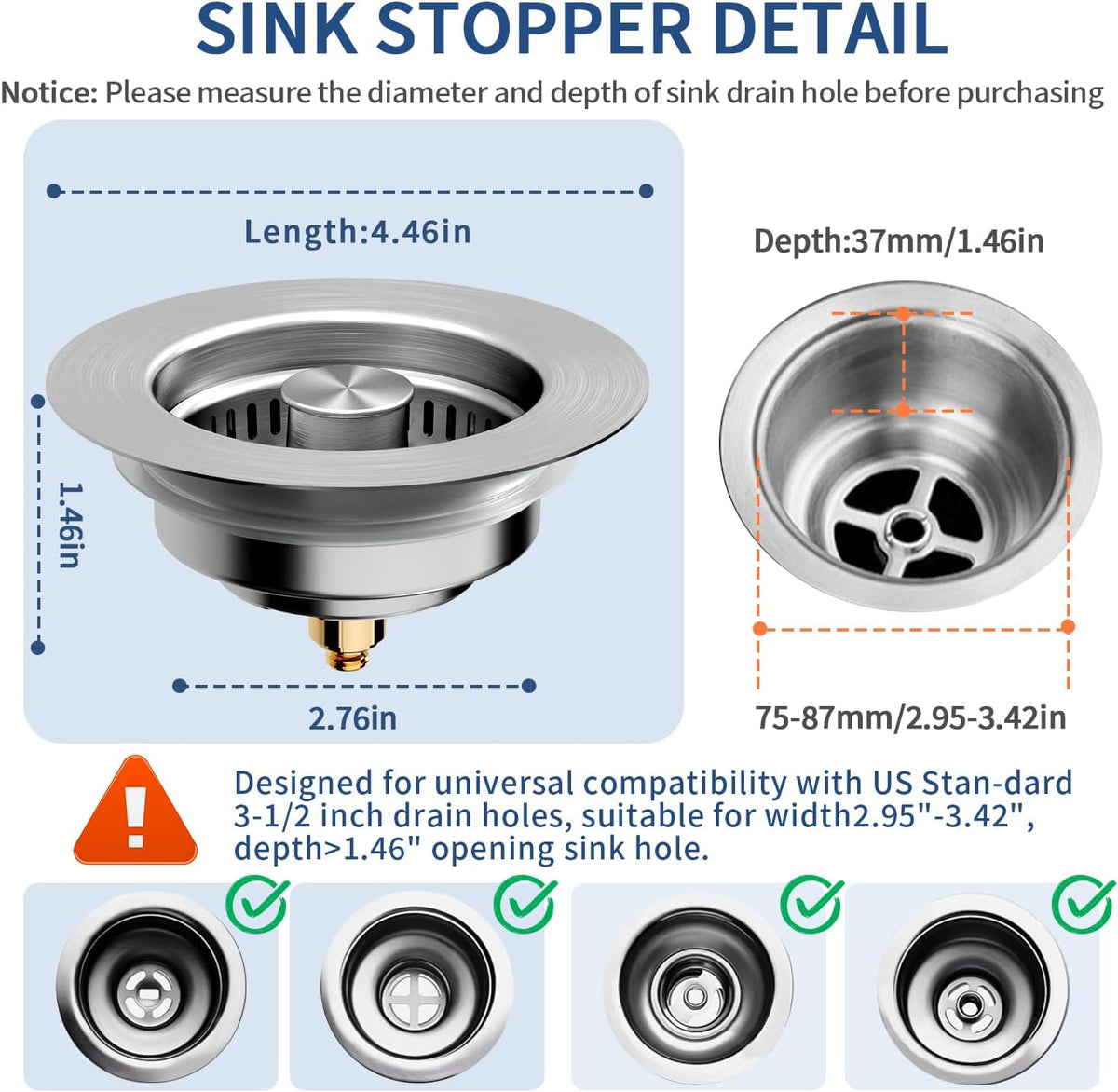 Upgraded 3 in 1 Kitchen Sink Drain Strainer, Stainless Steel, Larger Anti-Clogging Basket