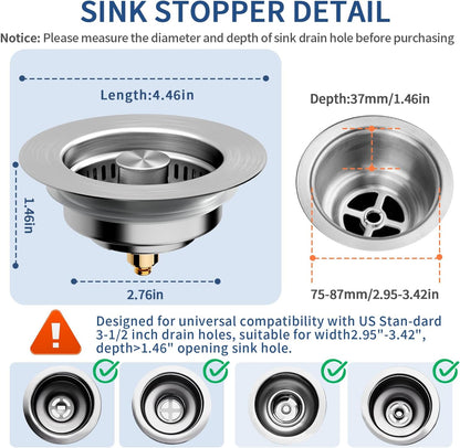 Upgraded 3 in 1 Kitchen Sink Drain Strainer, Stainless Steel, Larger Anti-Clogging Basket