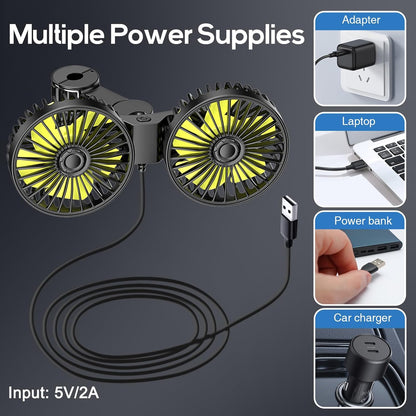 Dual Head USB Car Seat Fans 360° Rotatable Strong Wind