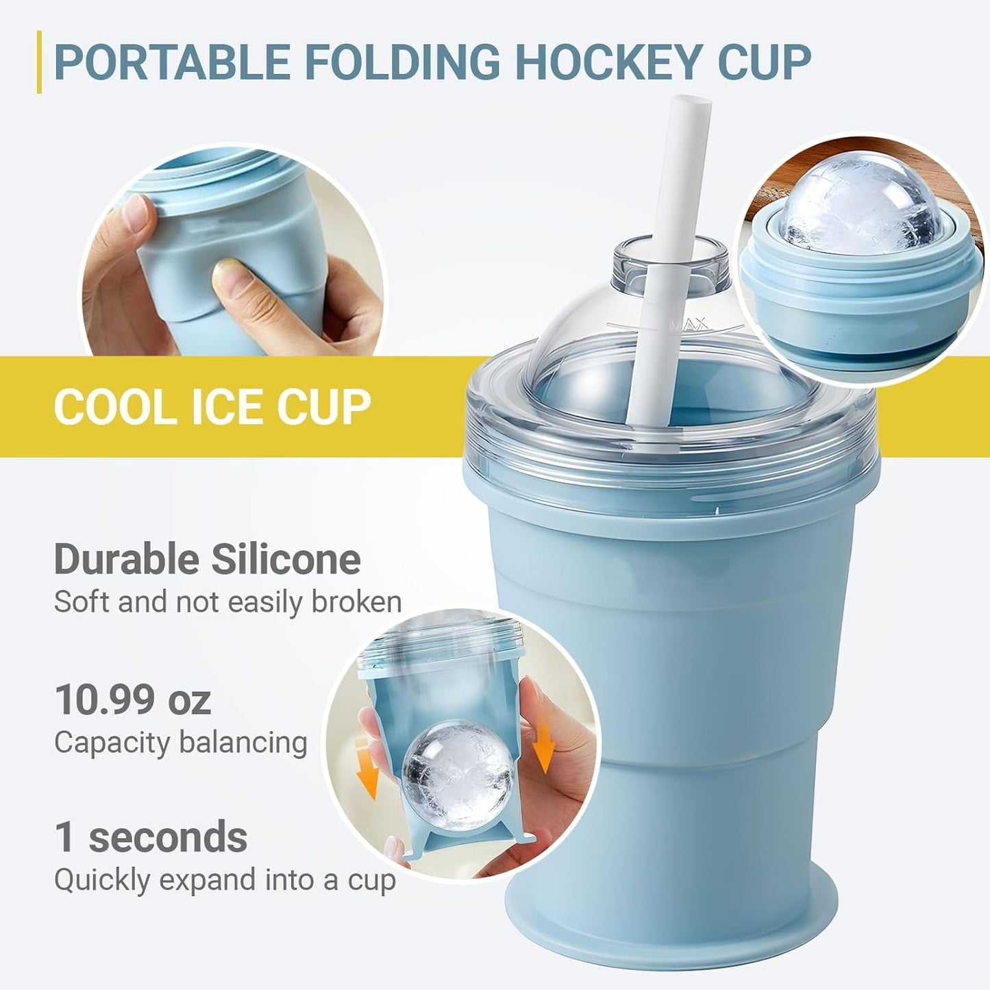 Collapsible Ice Ball Mold Cup with Straw – Large Silicone Ice Ball Maker, BPA-Free Tumbler for Summer Outings
