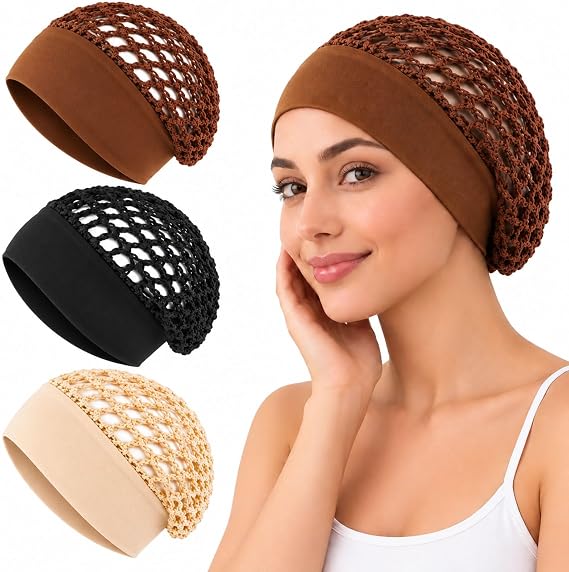 3-Pcs Stretchy Wide-Edge Sleeping Cap Set, Breathable Hair Bonnet
