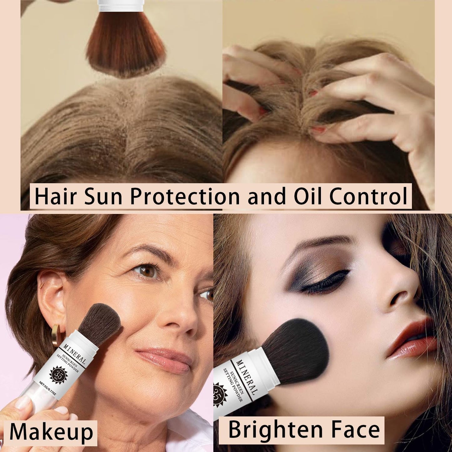 Sunscreen Setting Powder SPF 35, Mineral Brush Powder for Face & Scalp