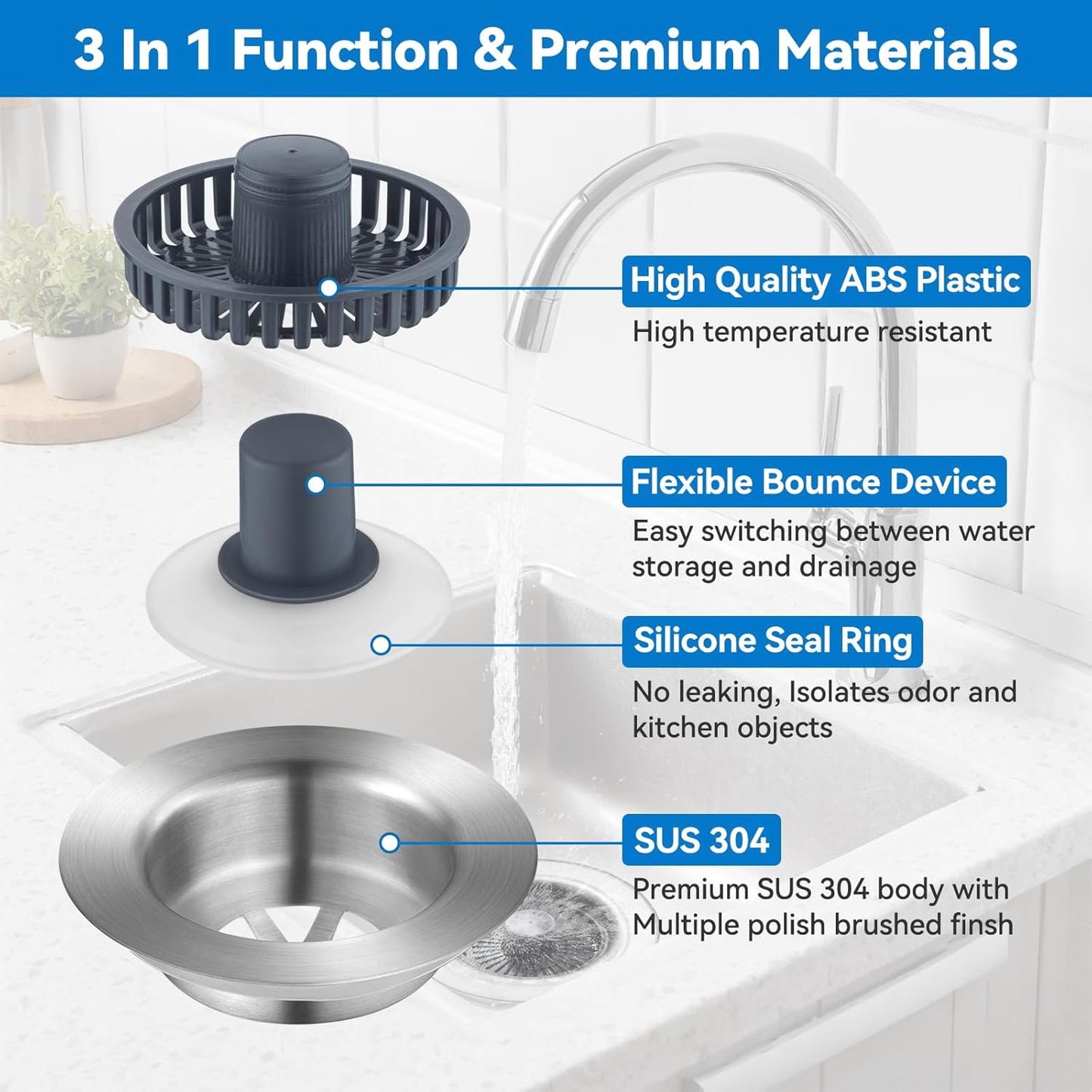 3-in-1 Kitchen Sink Drain Strainer – Stainless Steel Pop-Up Stopper with Anti-Clog Filter