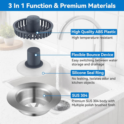 3-in-1 Kitchen Sink Drain Strainer – Stainless Steel Pop-Up Stopper with Anti-Clog Filter
