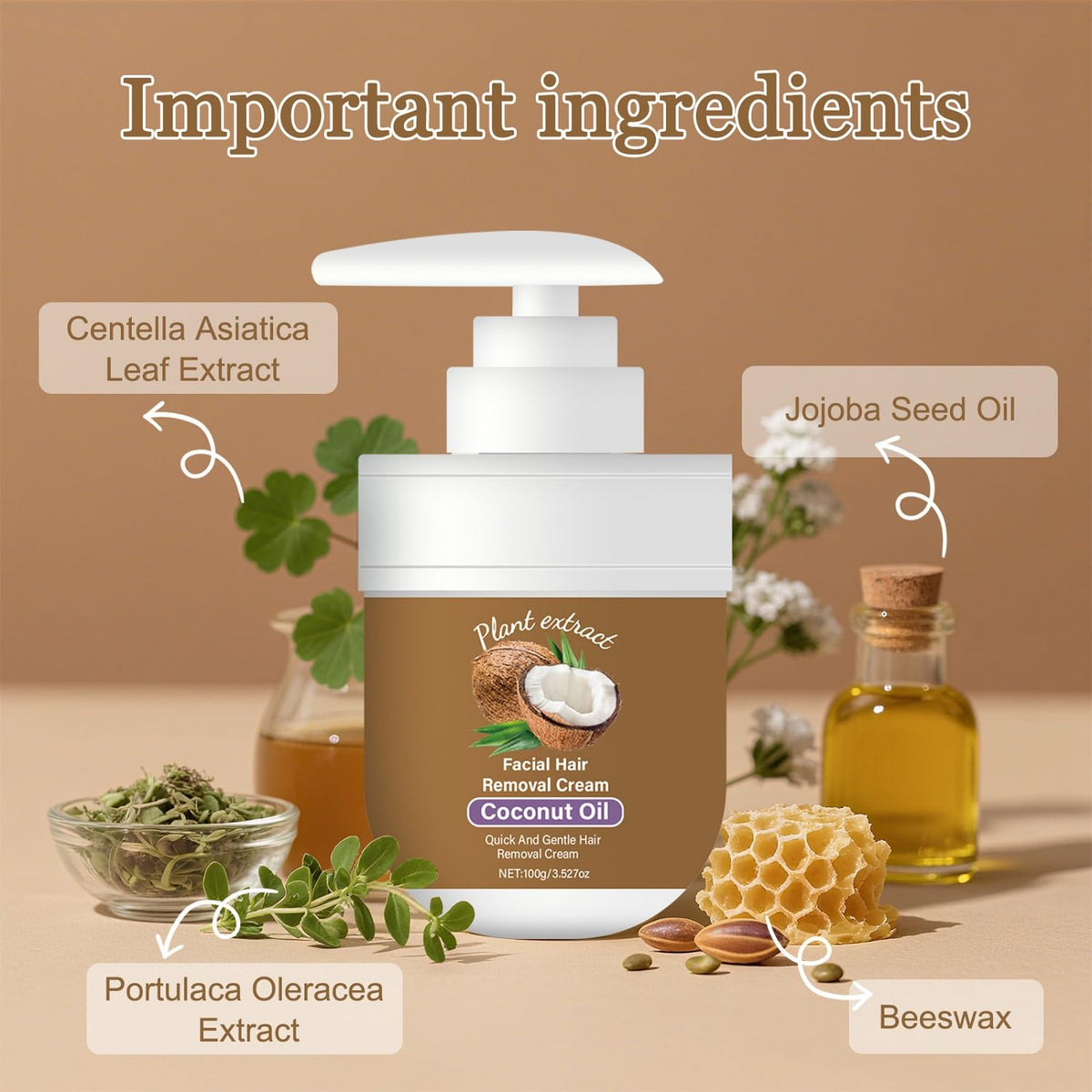 Coconut Facial Hair Removal Cream - Gentle & Effective 3.53 oz