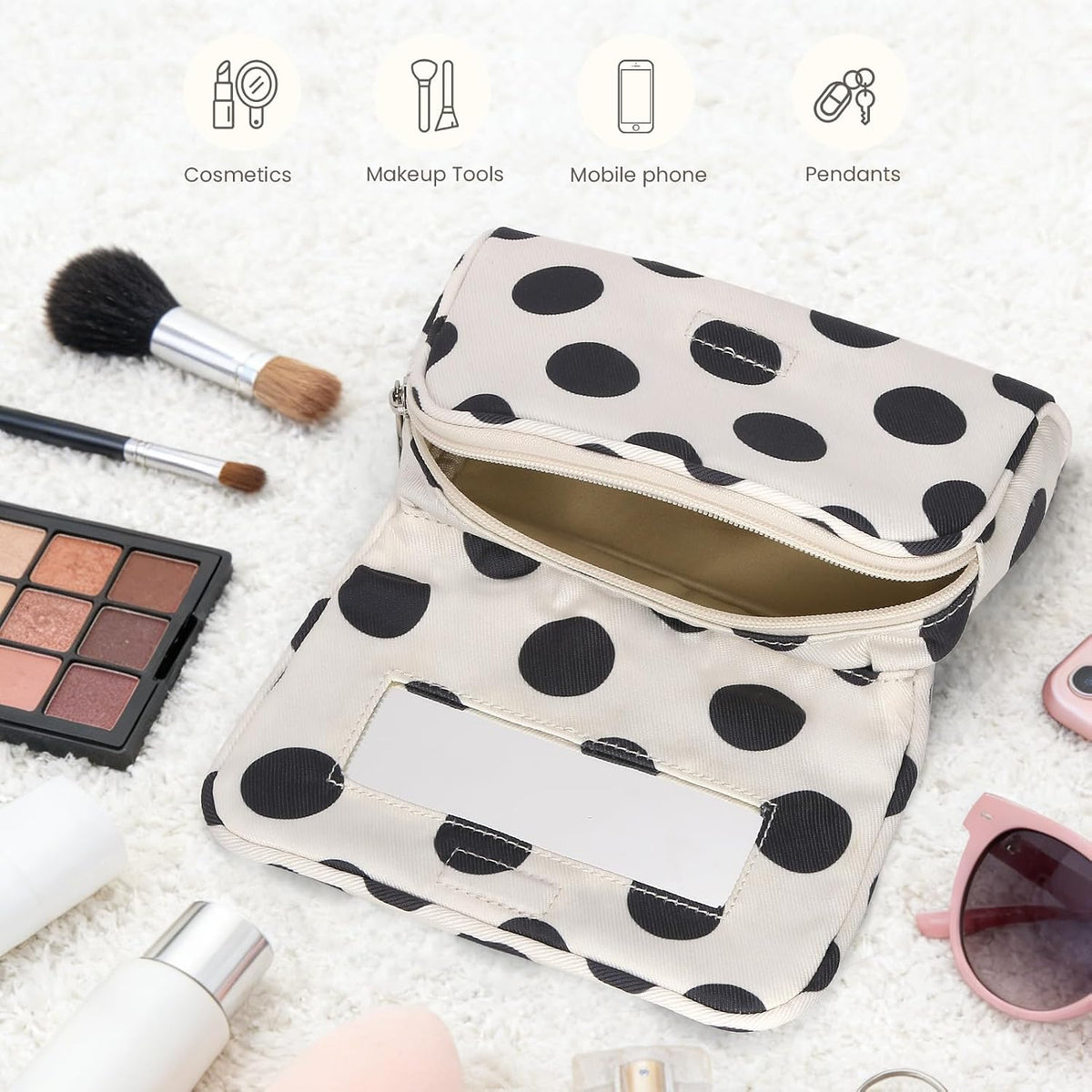 Women’s Cute Nylon Makeup Bag with Built-in Mirror