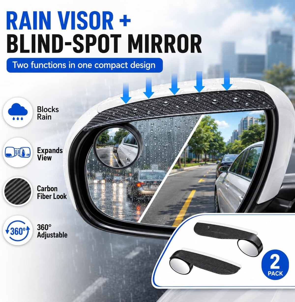 2PCS Car Blind Spot Mirrors 360° Adjustable for Most Cars
