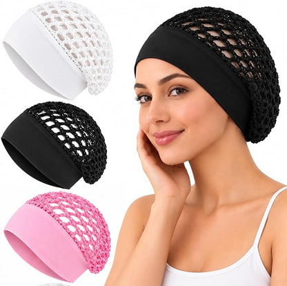 3-Pcs Stretchy Wide-Edge Sleeping Cap Set, Breathable Hair Bonnet
