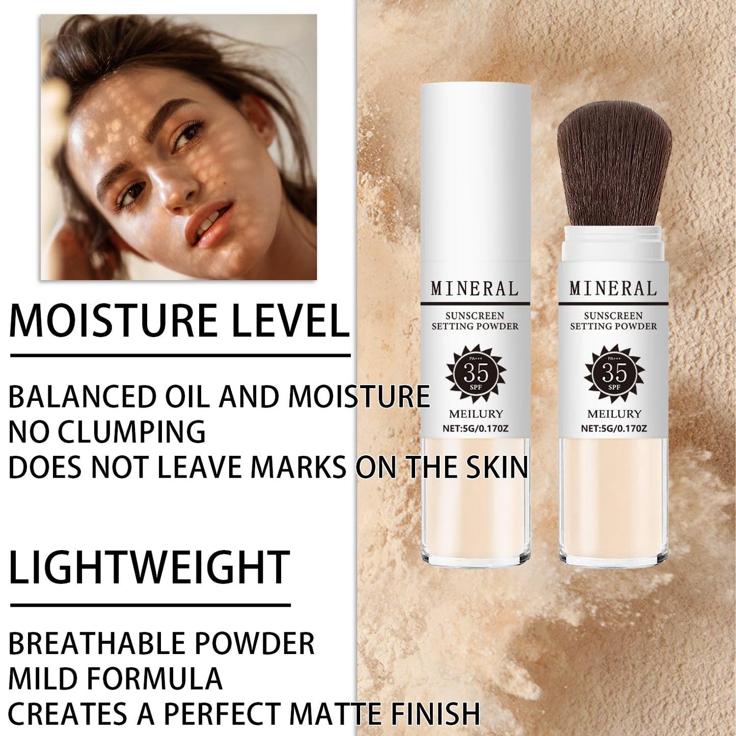 Sunscreen Setting Powder SPF 35, Mineral Brush Powder for Face & Scalp