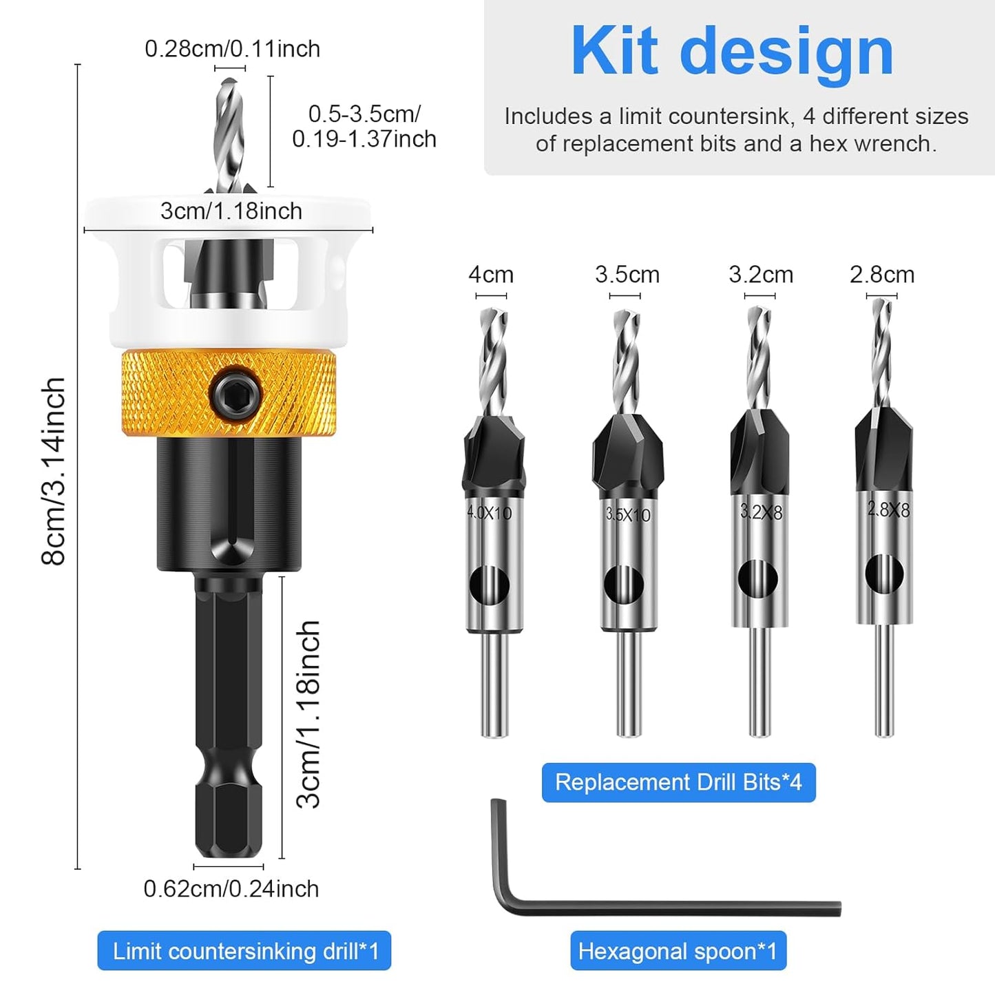 4 Pcs Countersink Drill Bit Set 2.8mm, 3.2mm, 3.5mm, 4mm with 1/4inch Hex Shank Countersink Bits