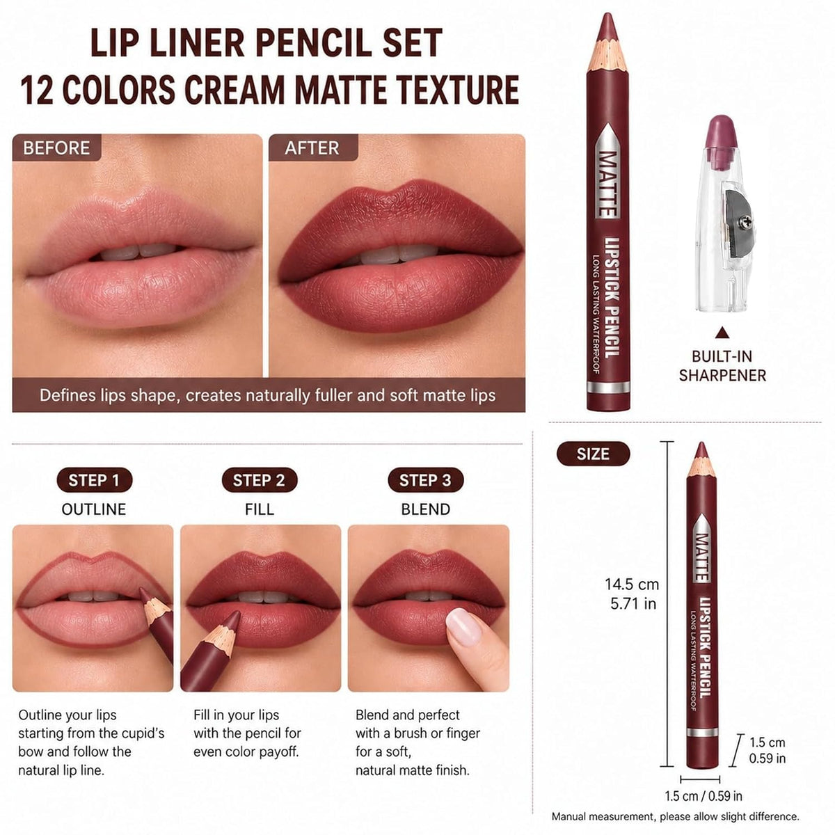 12Pcs Matte Lip Liner With Sharpener Set Waterproof Smudgeproof