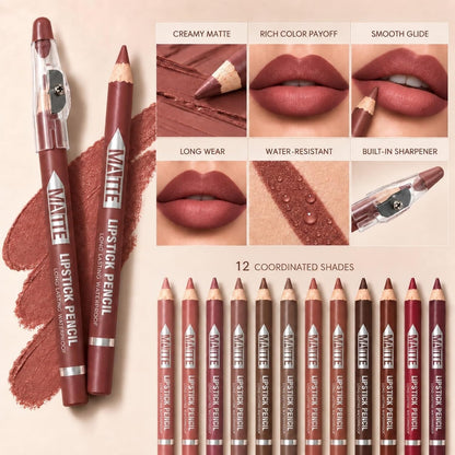 12Pcs Matte Lip Liner With Sharpener Set Waterproof Smudgeproof