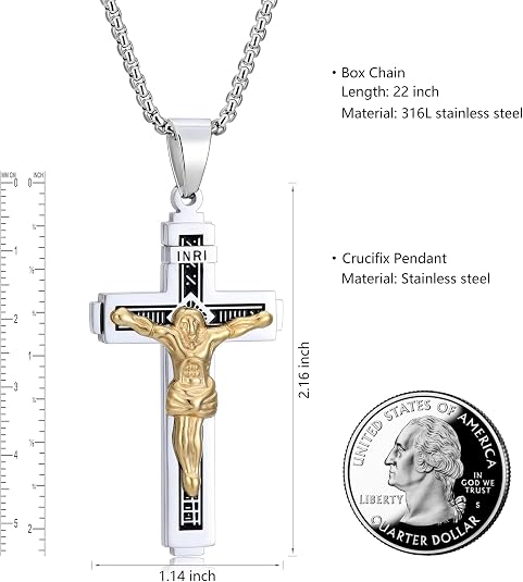 Catholic Jesus Cross Pendant Necklace With Herringbone Chain