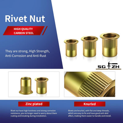 40Pcs Rivet Nut Yellow Zinc Plated Finish Flat Head Rivnut Threaded Insert Nutsert Rivet Nut, Knurled Body
