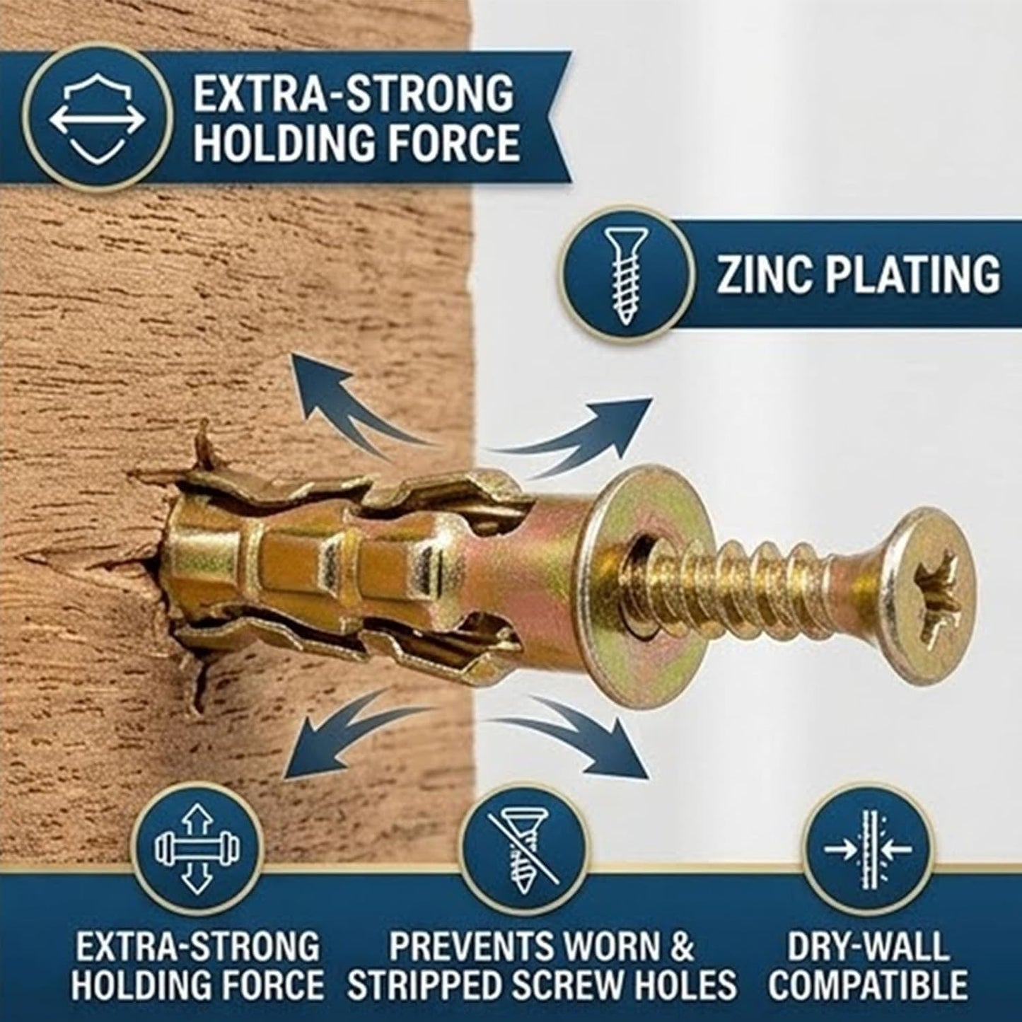 50 Pcs Self-Drilling, Self-Tapping Metal Expansion Anchors and Fasteners—Suitable for Wood, Drywall, and Concrete