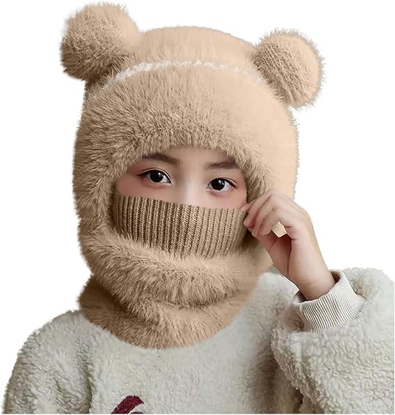 Kids Winter Bear Balaclava Hat, with Face Mask Thick Warm Hooded Cold Weather Hat