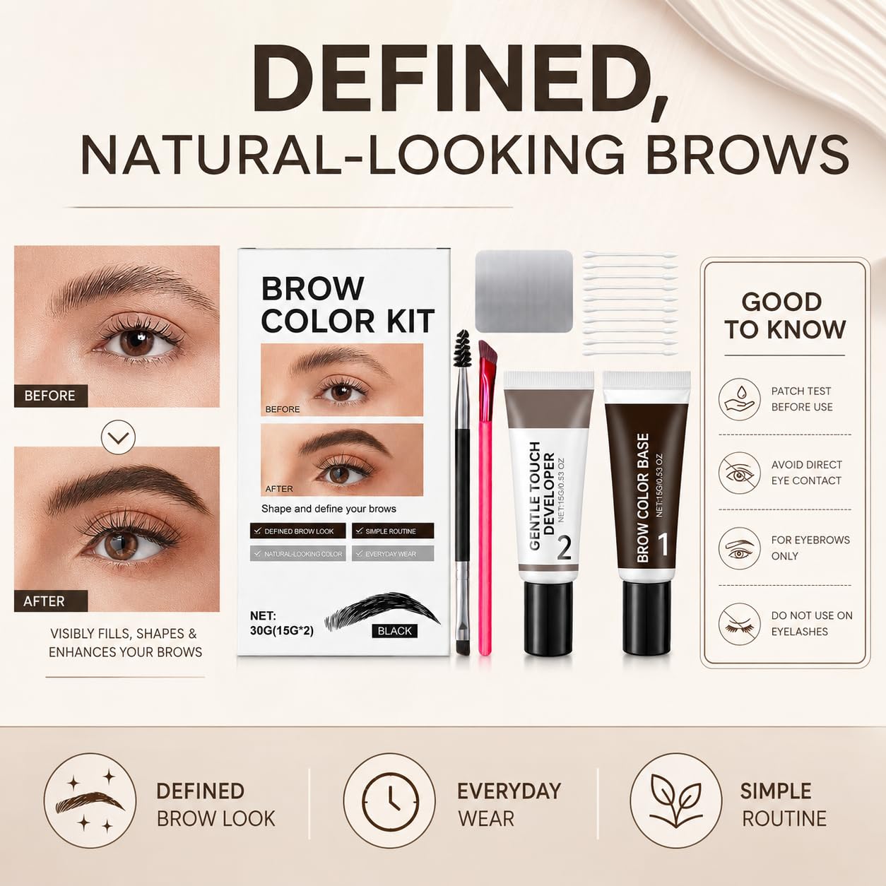 2-in-1 Brow Color Kit for 6-Week Defined Look, 30g Extra Large Capacity (15g+15g) with Natural Bushy Results